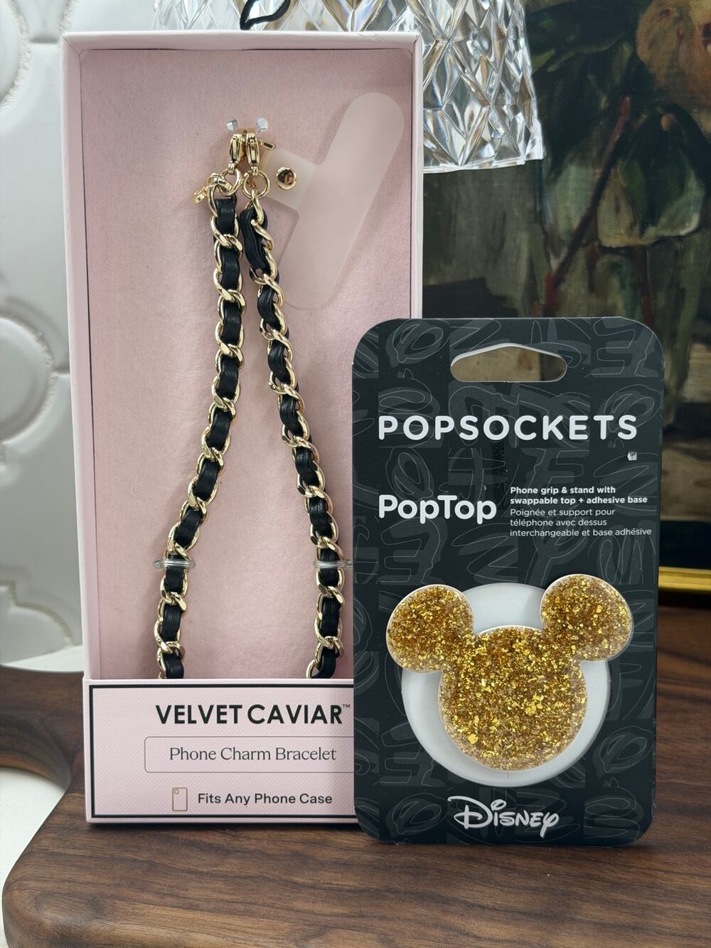 Velvet Caviar Phone Charm Bracelet & Disney Mickey Mouse Gold Glitter PopSocket